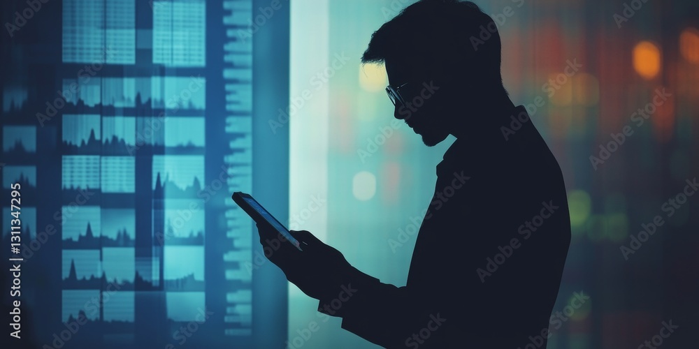 Poster silhouette of a man using smartphone against a colorful data visualization background at night
