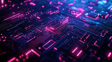 Obraz premium Glowing circuit board with electronic components and digital connections is shown