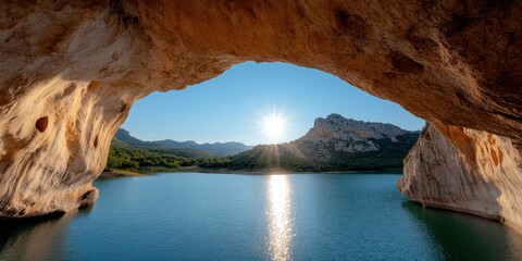 Through a majestic cave opening, sunlight sparkles on a serene lake framed by lush green hills, creating a breathtaking vista.