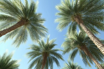 A grove of date palm trees in the desert, an oasis landscape with tall green grass and mountains in the background