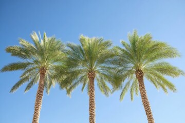 Fototapeta premium A grove of date palm trees in the desert, an oasis landscape with tall green grass and mountains in the background