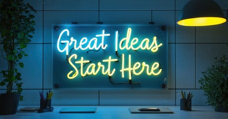 Neon sign great ideas start here bright cyan yellow mounted inside high tech think tank casting reflections brainstorming desks