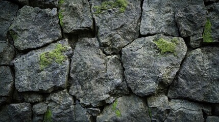 A close up photograph of a mossy stone wall