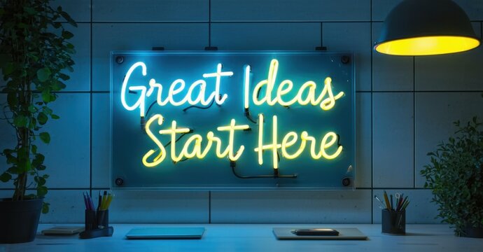 Naklejki Neon sign great ideas start here bright cyan yellow mounted inside high tech think tank casting reflections brainstorming desks