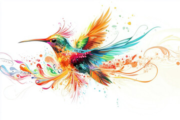A colorful bird with vibrant feathers, flying in the air, on a white background