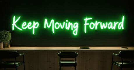 Neon sign keep moving forward bright emerald soft gold glowing inside state of art business innovation hub softly illuminating futuristic office desks