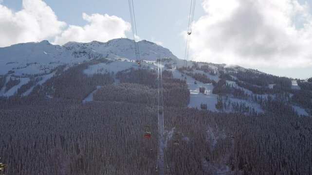 Whistler Mountain Peak2Peak gondola, ski mountain, sunny day, winter, ski hill. 4k 24fps