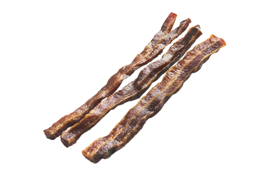 Cooked fried crispy bacon strips isolated on cut out PNG or transparent background. for culinary design projects, food blog illustrations, recipe book graphics, and gourmet marketing materials.