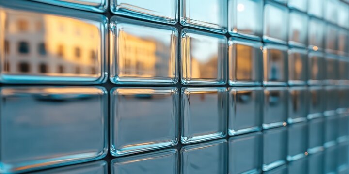 Sunlight reflects on a wall of glass blocks, creating a warm and modern aesthetic, emphasizing transparency and architectural design.