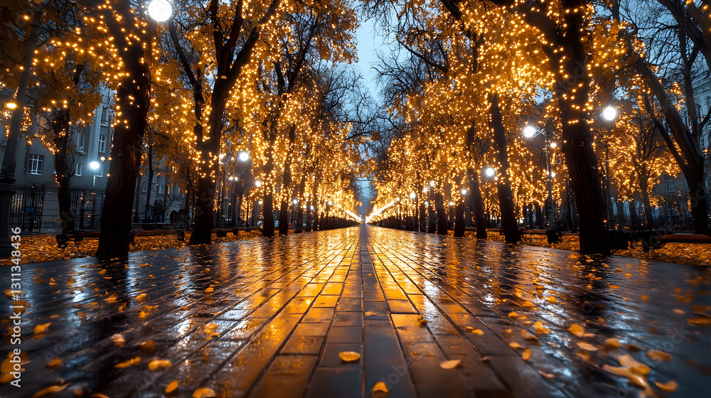 Poster A serene pathway lined with illuminated trees, reflecting on wet pavement, creating a magical, golden atmosphere at dusk