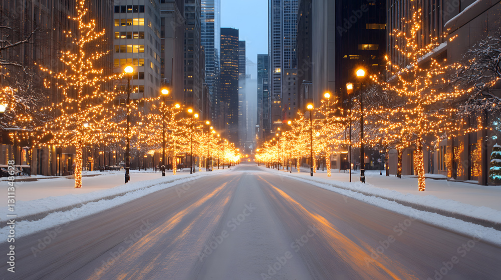 Poster a serene winter street lined with glowing lights on trees, creating a magical atmosphere in a snowy 