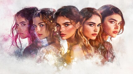 Five women, each with unique appearances and expressions