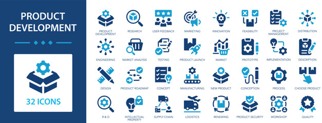 Product development flat icons collection. Concept, idea, innovation, design, strategy, planning, prototype, teamwork sign set.
