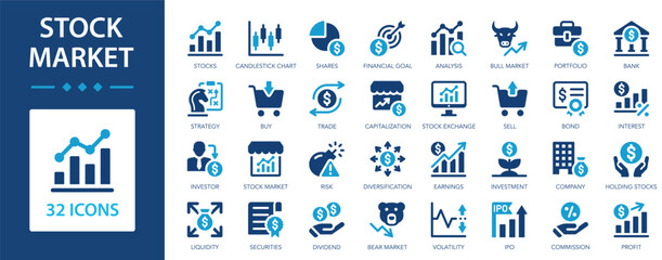 Stock market flat icons collection. Stock exchange, financial goal, bear market, investment, stocks sign set.