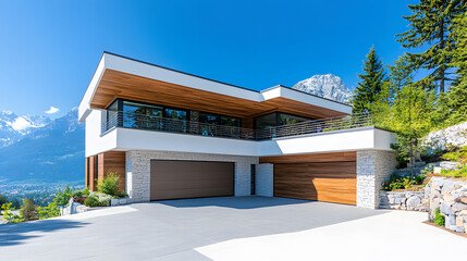A modern house featuring a unique architectural design set against a scenic backdrop of mountains and greenery