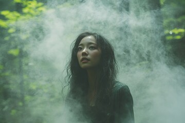 Young Woman in Forest Surrounded by Mist and Natural Light