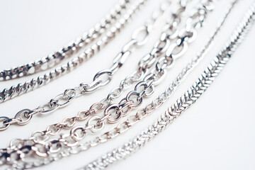 Collection design of seamless metal chains colored silver or Stainless steel on white background. Body decorations make people beautiful and attractive to opposite sex