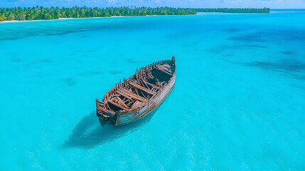 An abandoned shipwreck rests in vibrant turquoise waters, surrounded by lush greenery, creating a picturesque tropical scene