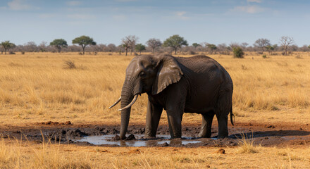 Fototapeta premium Mature elephant bull with long ivory tusks standing and drinking water in a shallow mud pool in the Kalahari 