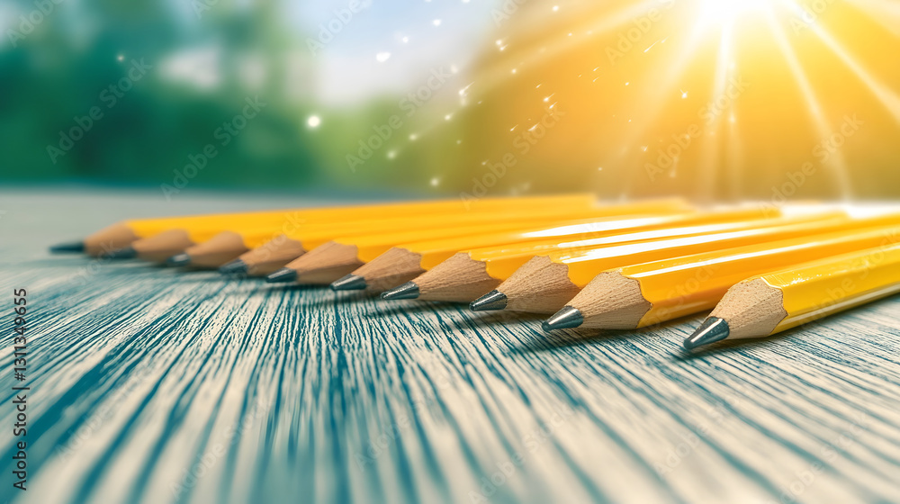 Poster a row of sharpened yellow pencils sits on a wooden surface, illuminated by sunlight, creating a vibr