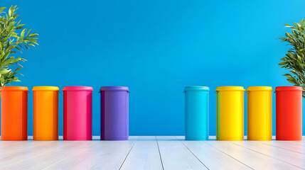 A vibrant scene featuring colorful bins against a bright blue wall, accompanied by greenery, creating a lively and cheerful atmosphere