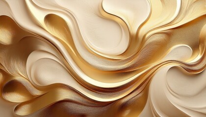 Swirling Gold Abstract. Digital art with metallic textures. Blurred cream & beige background.  Elegant, luxurious design