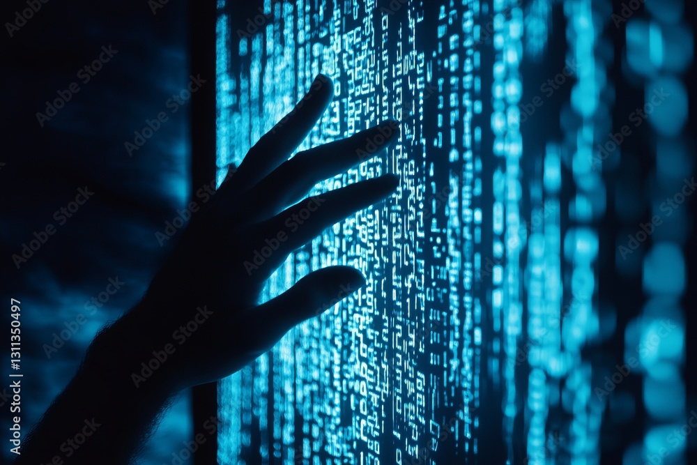 Poster hand reaching out to touch digital binary code on led screen