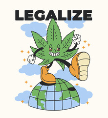 marijuana leaf character smiles and walks , cheerful print on a t-shirt, retro style	.Legalize