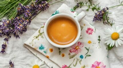 Flat lay of an espresso cup placed on a floral-patterned