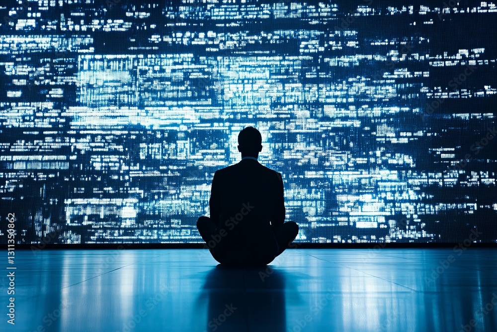 Poster person meditating in front of digital data visualization display