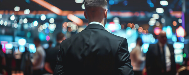 Businessman in a casino with blurred lights.