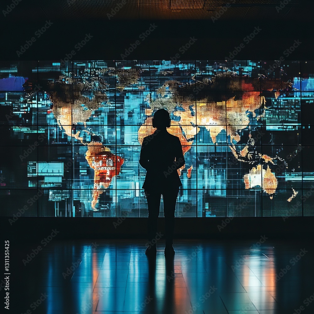 Poster person analyzing data on large screen with world map display