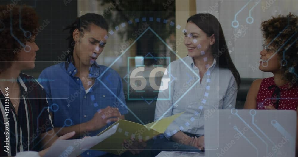 Poster discussing technology, diverse group with 6g network animation in school setting