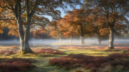 Obraz premium Trees standing within a misty field of autumnal colors