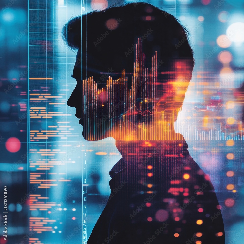 Poster a man's face is projected onto a computer screen with a lot of numbers and lines