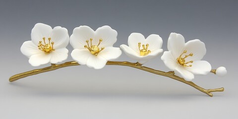 Obraz premium Elegant Gold Brooch with Delicate White Porcelain Cherry Blossoms on a Neutral Background.