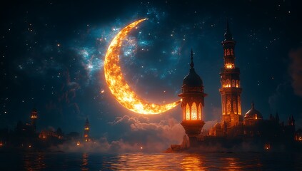 Fototapeta premium Fiery Crescent Moon Night Magical Cityscape Fantasy Art sky dark blue fire stars water scene towers 