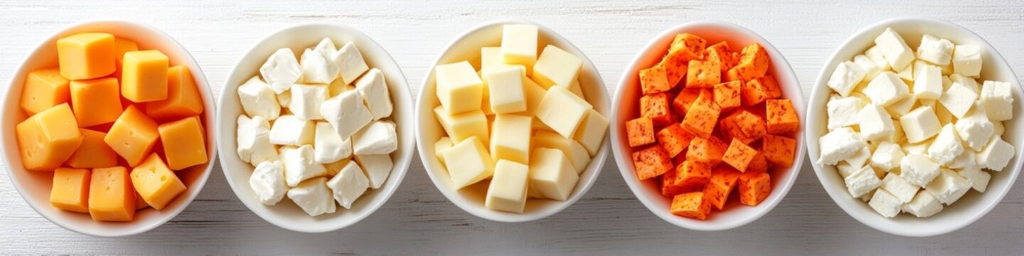 Five Bowls Filled with an Assortment of Cubed Cheeses in Different Colors and Textures