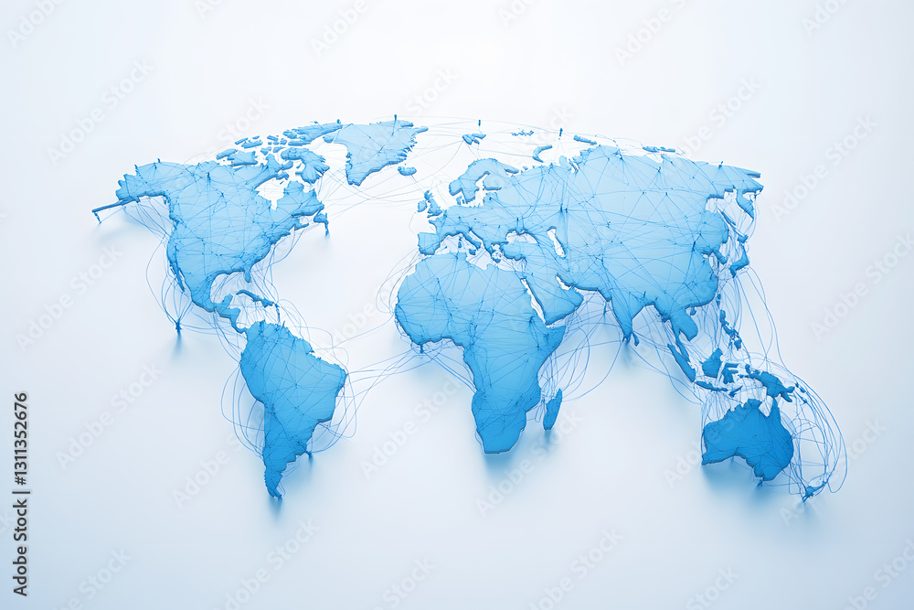 Wall mural communication technology with blue map global connectivity visualization of telecommunication networ