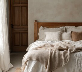 Cozy bedroom with wooden door and beige linens