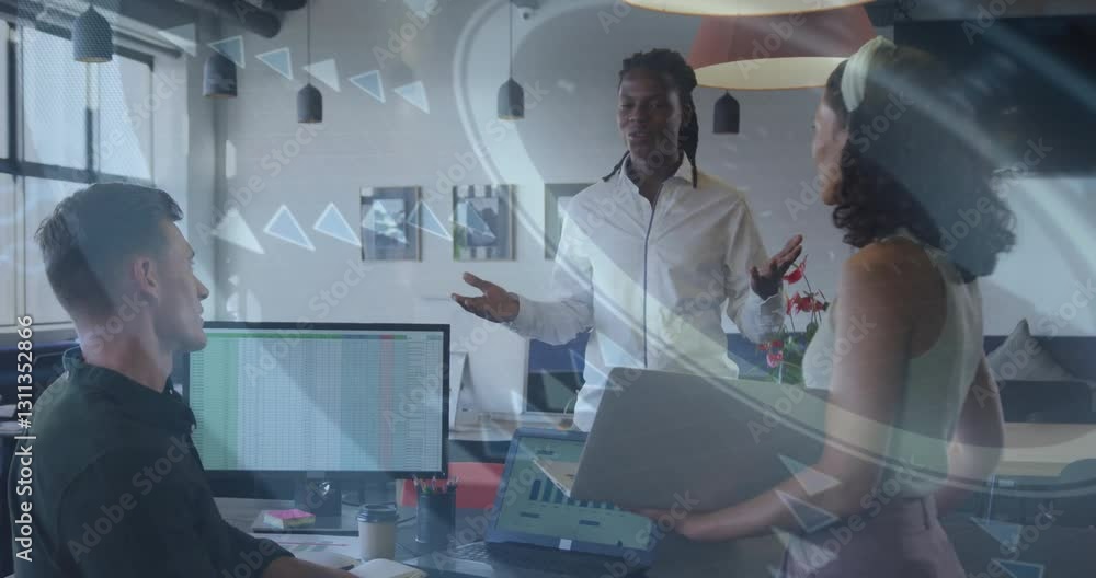 Poster in office, business team discussing data analysis with animation graphics overlay