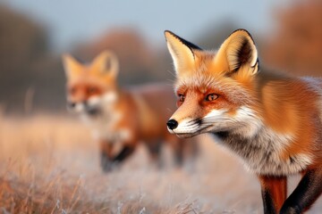 Fototapeta premium Two red foxes explore vibrant, sunlit meadow, showcasing their s