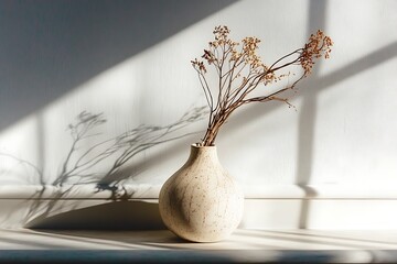 A minimalist vase with dried flowers bathed in sunlight.