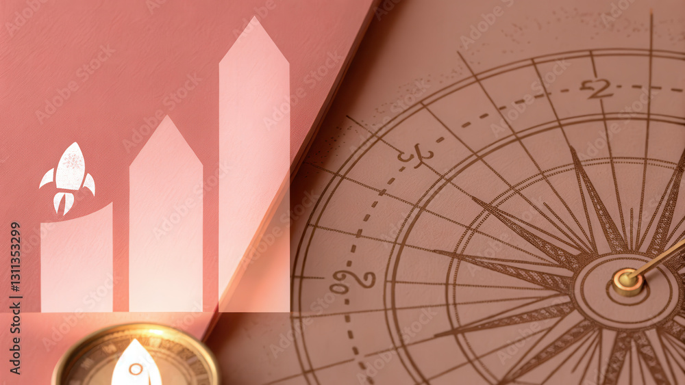 Poster rocket icon and growth chart on textured background, symbolizing progress and direction in business.