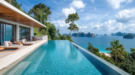 Fototapeta premium A luxurious infinity pool overlooking a tropical coastline, free space for text