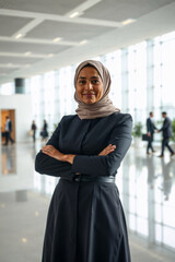 Friendly Arab woman working in airport in Dubai. UAE. Mature Middle Eastern lady wearing hijab in modern terminal in Emirates
