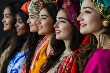 Fototapeta premium Smiling Young Women in Vibrant Traditional Dresses and Headdresses Posing in a Row, Symbolizing Cultural Diversity, Beauty, and Group Unity