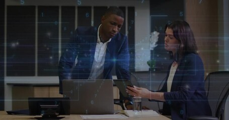 In office, professionals discussing data with digital animation interface overlay - Powered by Adobe