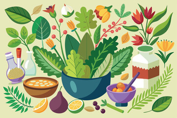 Various medicinal plants and herbs are displayed with bowls, bottles, and fresh ingredients for healing, Plants for medicine or cooking