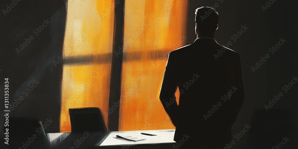 Poster a man in a suit is standing in front of a window with a laptop on the table